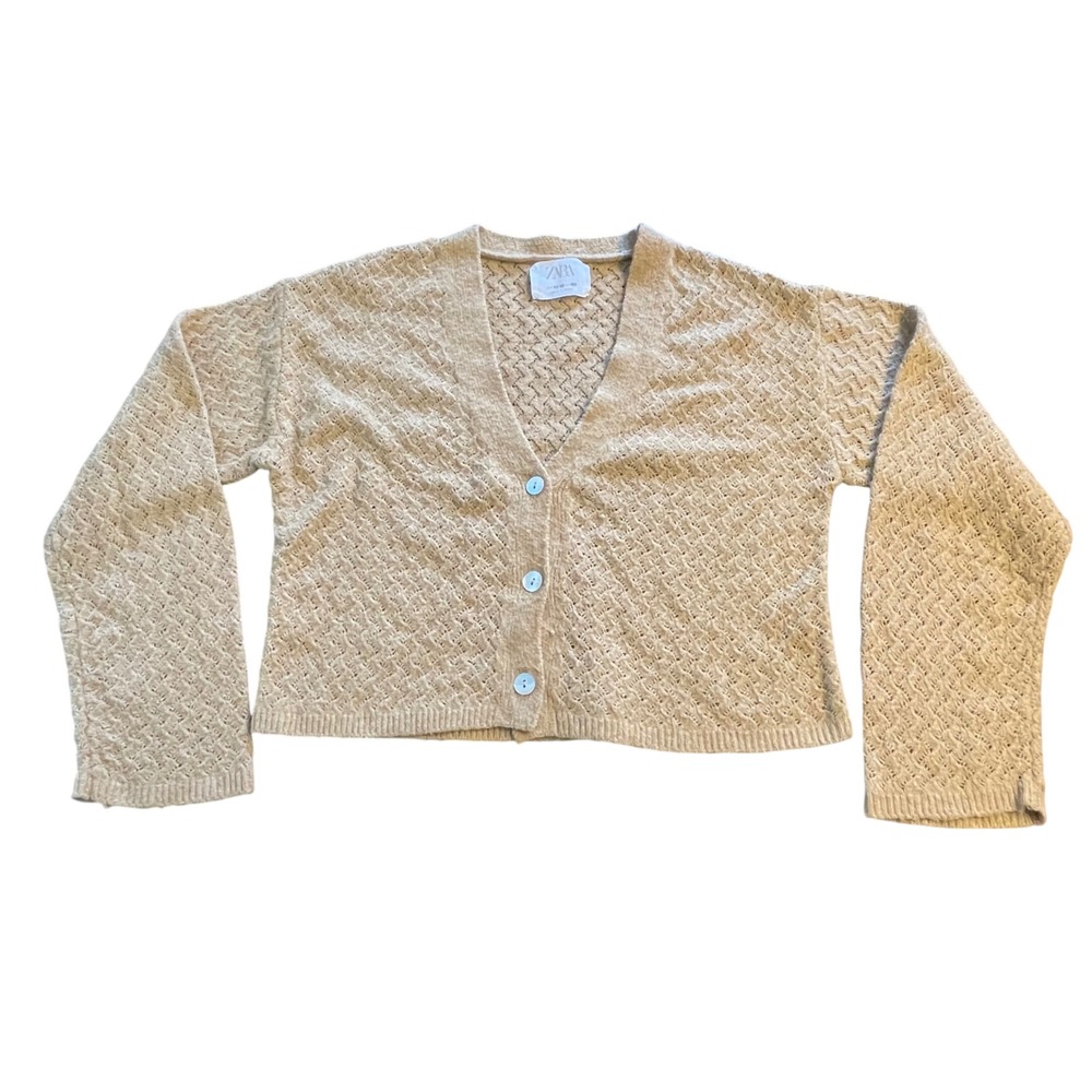 Zara Kids Tan Pointelle Knit Button Front Cardigan Sweater Beige Size 11-12 152